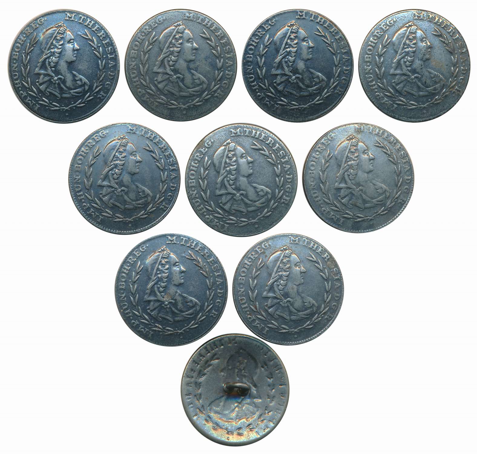 Coat Buttons (10), Legend “IMP HUN BOH REG M THERESIA DGR”. 10 Buttons.