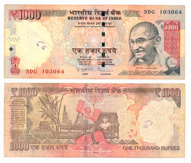 Rupees 1000, “K-38”, Error- Both Serial Number in different colour, 2013, Signed by D. Sub