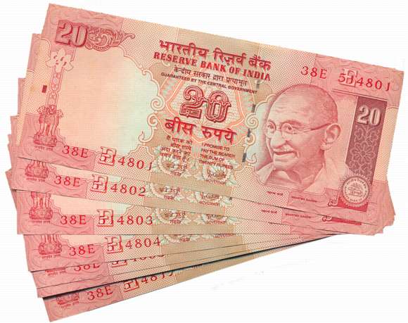 Rupees 20, Pack of 100 Notes, “E-24”, 2007, Type 6.5.5, Signed by Y. V. Reddy, Prefix 38E,