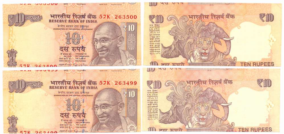 Rupees 10 (2), “D-116”, Cutting error consecutive 2 Notes, 2015, Signed by Raghuram G. Raj