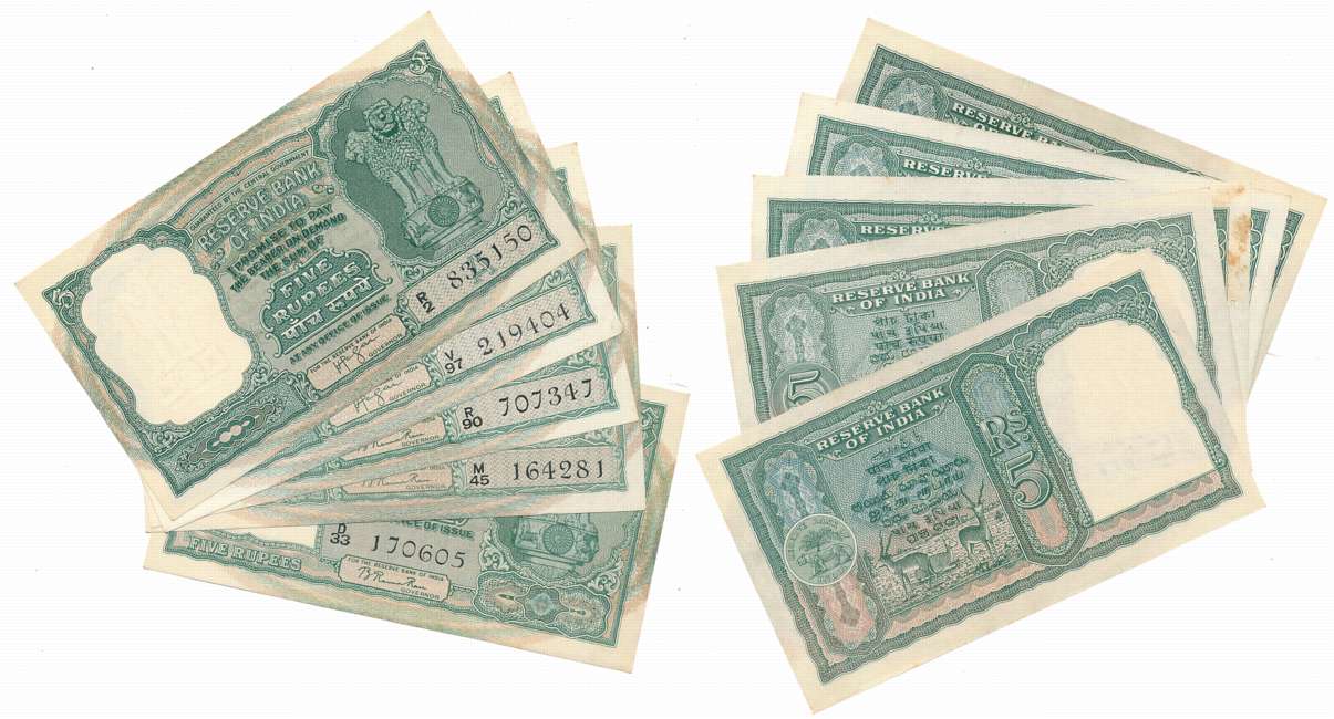 Rupees 5 (45), “C-1 to C-45”, Governor Signature Set from 26.01.1950 to 2011. Uncirculated