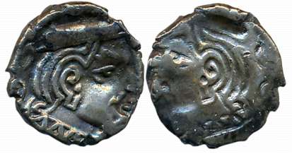 Western Kshatrapas, Silver Dracham, 1.97g, Brockage- Lakhi of obverse die. Extremely fine.