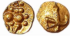 Kadambas, Gold 1/2 Fanam?, 0.17g, Obv: Lion to right with upraise pow, Rev: Elephant goat.