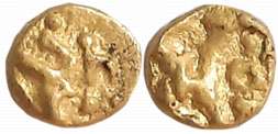 Shilaharas of Karahad- Wai/ Karhad region, Gold 1/4 Fanam, 0.13g, Obv: Garuda holding snak