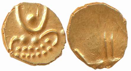 Hoysalas of Dwarasamudra, Anonymous Gold Fanam, 0.39g, Obv: Lion to right crescent above, 