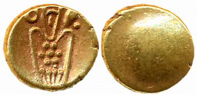 Vira Raya, Gold Fanam, 0.36g, Uniface, Crude representation of Goddess Kali on obverse. Ve