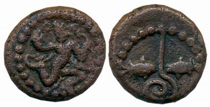 Banas of Madurai, Copper, 3.21g, Obv: Garuda running to right, Rev: Two Fishes separated b
