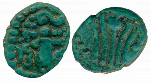 Vijayanagar Empire, Harihara II, Copper Kasu, 3.21g, Obv: Standing figure, Rev: Bull facin