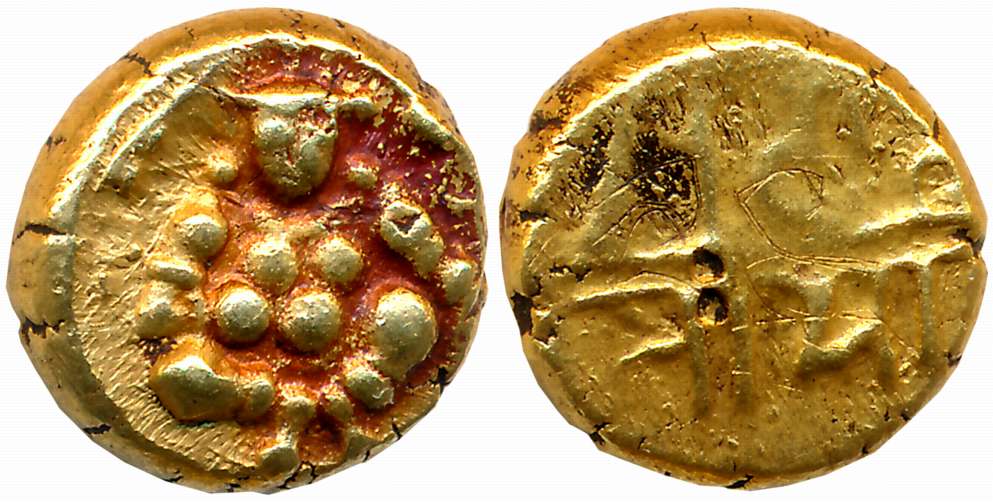 Vijaynagar Empire, Krishnadevraya, Gold 1/2 Varaha, 1.68g, Obv: Lord Bala Krishna seated f