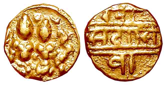 Vijaynagar Empire, Sadashivaraya, Gold Varaha- Hon, 3.42g, Obv: Lord Shiva and Parvati sea