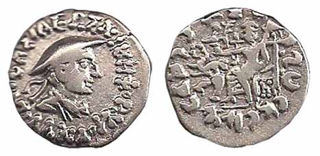 Indo-Greeks, Antialkidas, Silver, Drachm, helmeted bust to right on obv, Zeus to left on r