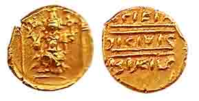 Vijayanagar, Venkataraya, Gold, ½ Pagoda, Tirupati-Balaji on obv and crude legend on rev. 