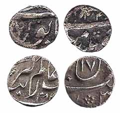 Aurangzeb, Silver (2), 1/16 Rupee, Ujjain Mint, AH 1084/17, mint name off flan. Very Fine,