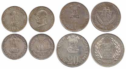 Rs. 10 (3), Mahatma Gandhi Issue, 1969, Bombay Mint. Fine+; Food For All Issue, 1970, Bomb