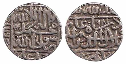 Akbar, Silver, Rupee, Narnol Mint, AH 981, Kalima type, mint name at bottom on rev. Test m
