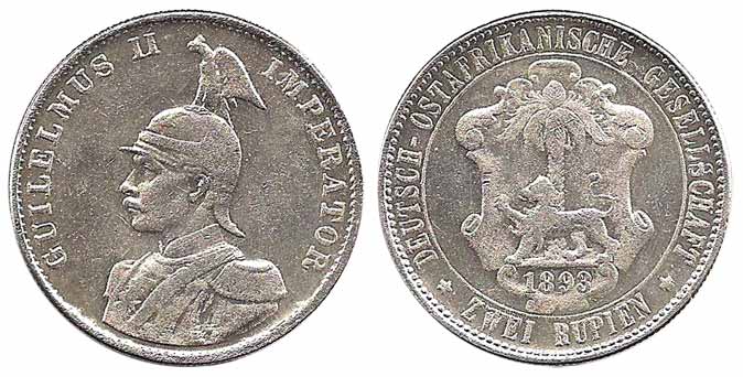 German East Africa, Guilelmus II, Silver, Double Rupee, 1893. About Extremely Fine, Very R