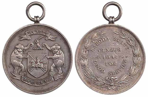 Baroda State, Silver, Census Medal, Census 1941, awarded for Good Service. Arms of the Sta