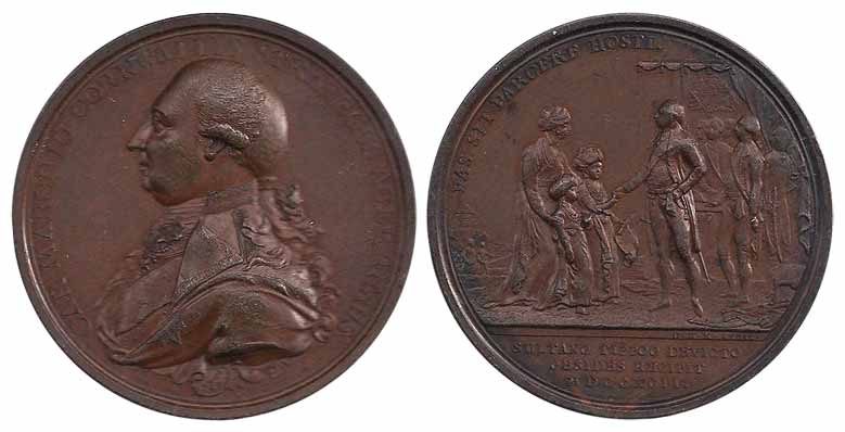Mysore, Copper, Surrender of Tipu Sultan’s kin to the British, bust of Marchio Cornwallis 