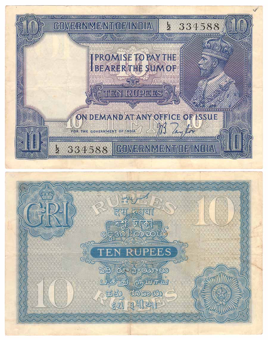 George V, Rs. 10, Big Blue type, Sign J B Taylor, Prefix L2, 2nd Issue (Jhun# 7.2). Very F