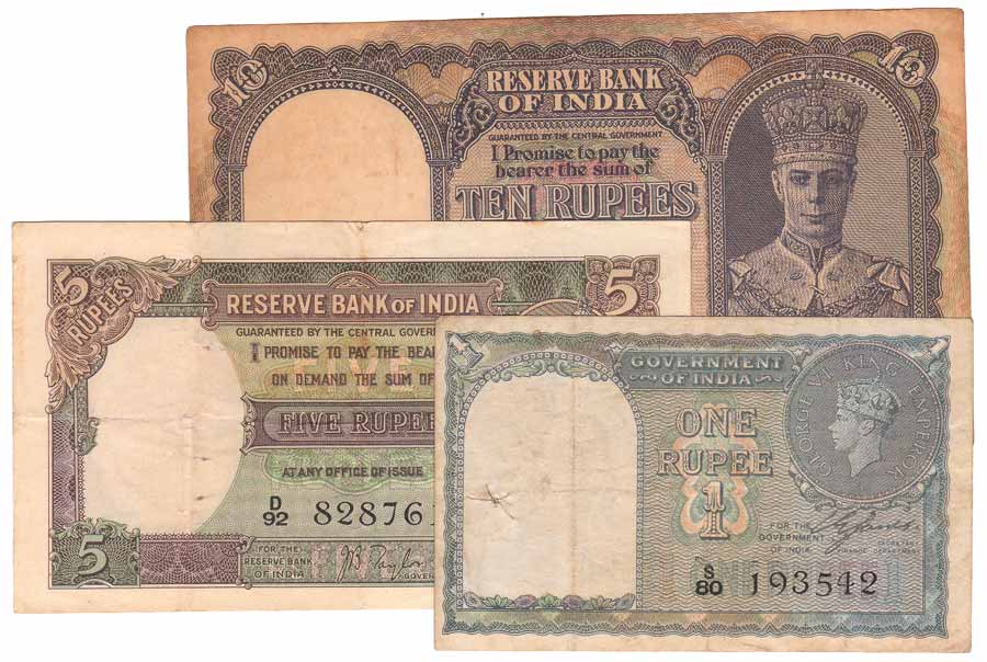George VI, Re. 1, Black Sr. No.; Rs. 5, Side Facing, Sign J B Taylor and CD Deshmukh; Rs. 