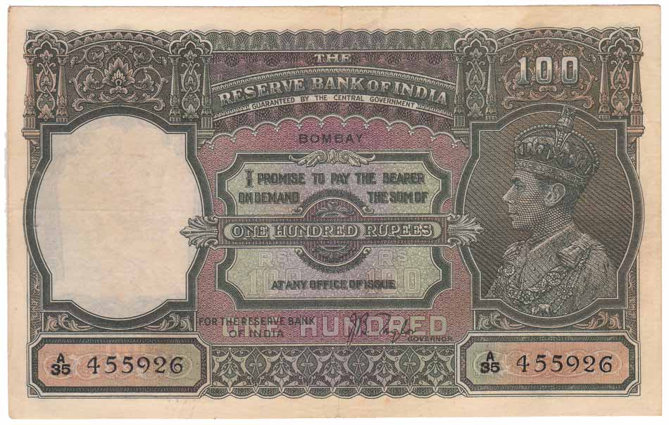 George VI, Rs. 100, Profile head Watermark, Bombay Circle, Sign JB Taylor, Prefix A35 (Jhu