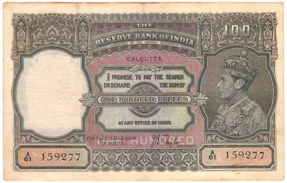 George VI, Rs. 100, Profile head Watermark, Calcutta Circle, Sign JB Taylor, Prefix A61 (J