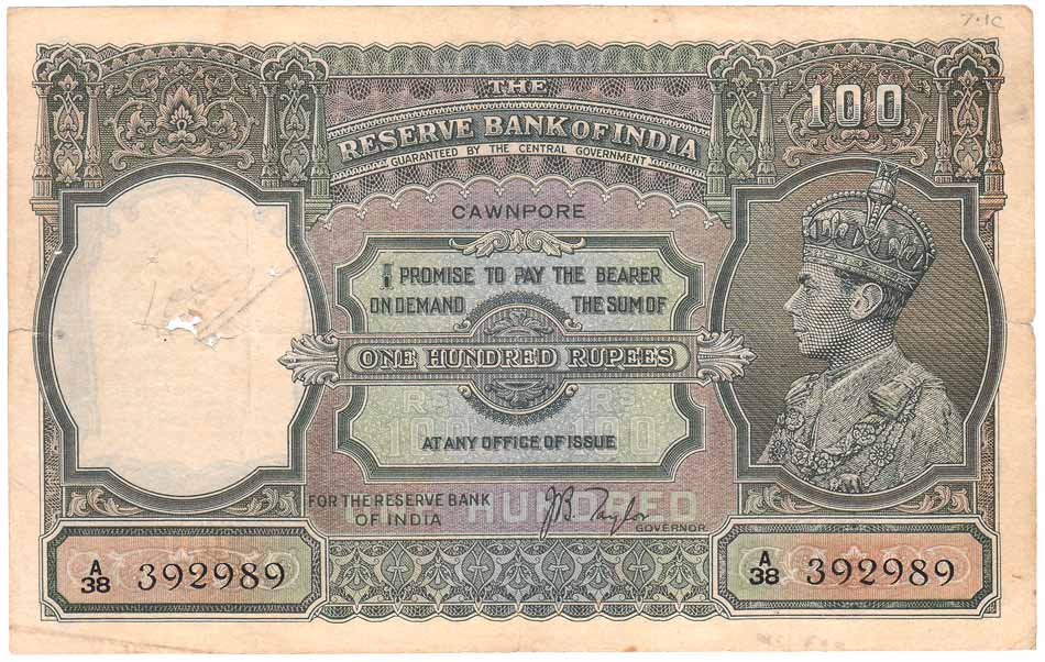 George VI, Rs. 100, Profile head Watermark, Cawnpore Circle, Sign JB Taylor, Prefix A38 (J
