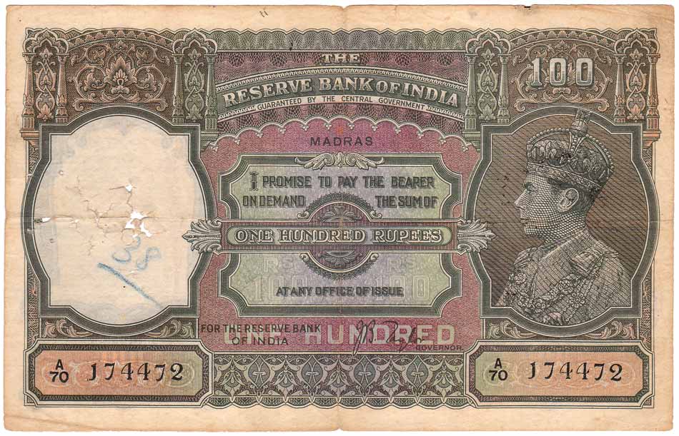 George VI, Rs. 100, Profile head Watermark, Madras Circle, Sign JB Taylor, Prefix A70 (Jhu