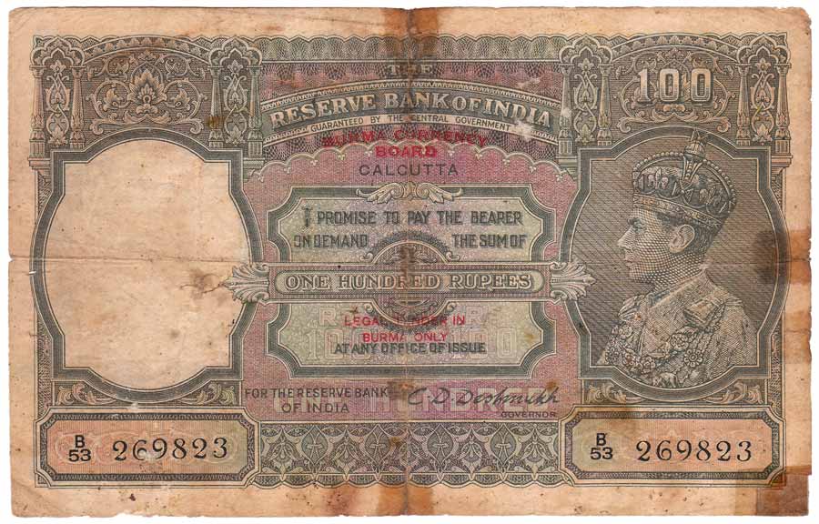 Rs. 100, Burma Currency Board, in Red, Sign CD Deshmukh, Prefix B53, profile watermark (Jh