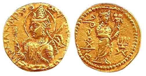 Kushanas, Huvishka, Gold, Dinar, Ardoksho type, half bust of the monarch to left and Irani