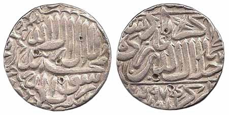 Akbar, Silver, Rupee, Akbarpur Tanda Mint, Kalima type, AH 974, mint name and date at bott