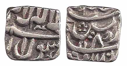 Akbar, Silver, Square, ½ Rupee, Bangala Mint, Kab-i-Roshan couplet, AH 1008. Very Fine, Ve