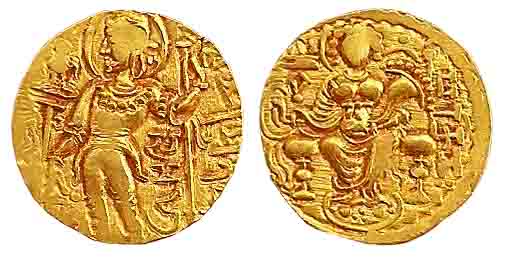Guptas, Samudragupta, Gold, Dinar, Standard type, king to left holding a Danda-Standard on