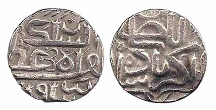 Akbar, Silver, ½ Rupee, Akbar as Sultan type based on the coins of the Gujarat Sultanate (