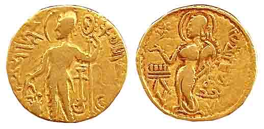 Guptas, Kachagupta, Gold, Dinar, Standard type with the ruler holding a Standard and Brahm