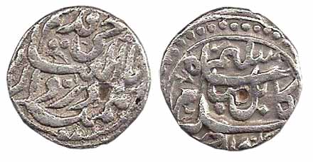 Jahangir as Salim, Silver, ½ Rupee, Kabul Mint, qadim couplet (KM 133.1). Test marks, Abou