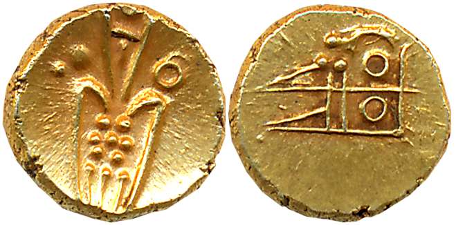 Gold Fanam, 0.35g, Obv: Goddess Kali, Rev: Rama Rao in Devnagari. Extremely fine.