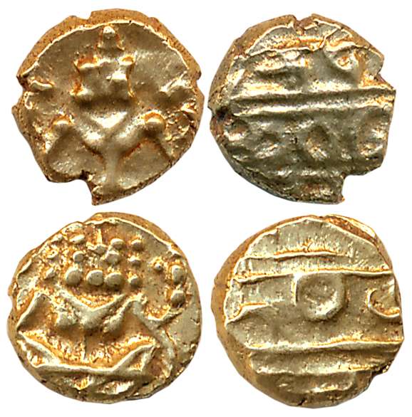 Gold Narsimha Fanam (2), 0.38g, 0.38g, Obv: Lord Narsimha, Rev: Legend (KM# C# 212). Extre