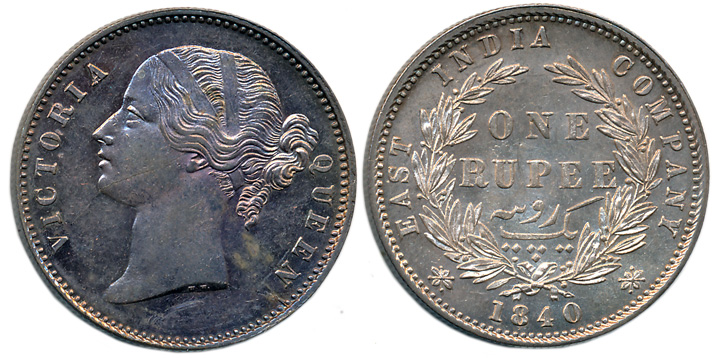 Victoria Queen, Silver Rupee, 1840, Divided legend, W.W. raised, Obv: Victoria head to lef