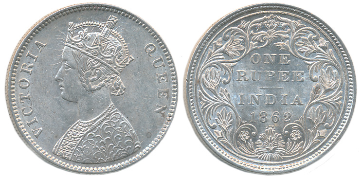 Victoria Queen, Silver Rupee, 1862, A/2/0/4, Obv: Crowned bust to left, Rev: Denomination 