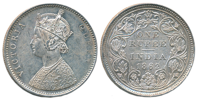 Victoria Queen, Silver Rupee, 1862, A/2/0/4, Reverse double struck, Obv: Crowned bust to l