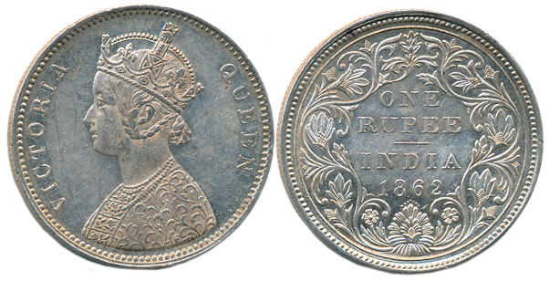 Victoria Queen, Silver Rupee, 1862, A/2/0/7, Obv: Crowned bust to left, Rev: Denomination 