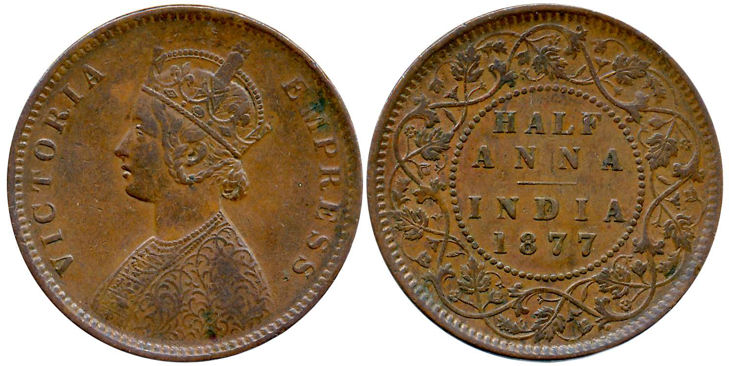 Victoria Empress, Copper 1/2 Anna, 1877, Calcutta Mint, Obv: Crowned bust to left, Rev: De