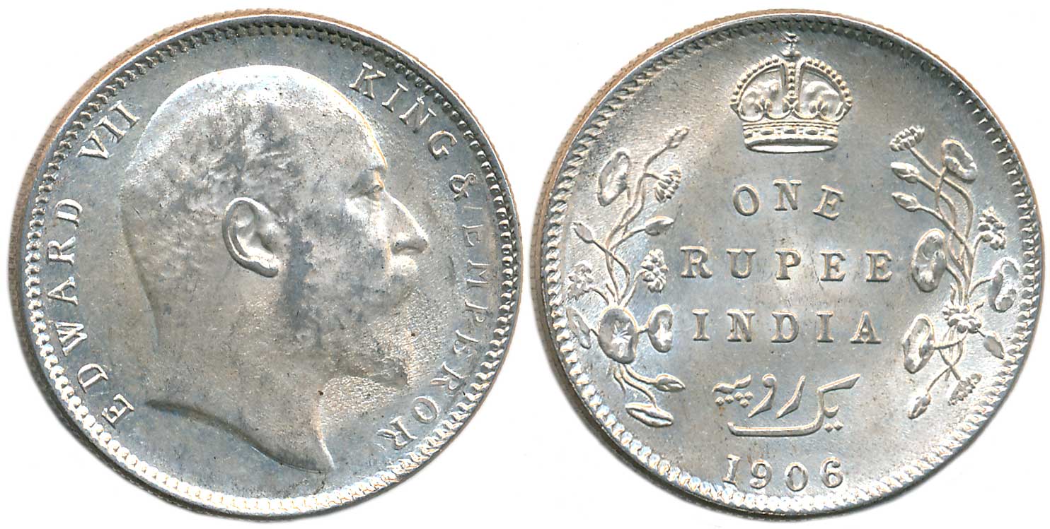 Edward VII, Silver Rupee, 1906, Calcutta Mint, Obv: Bust to right, Rev: Crown above denomi