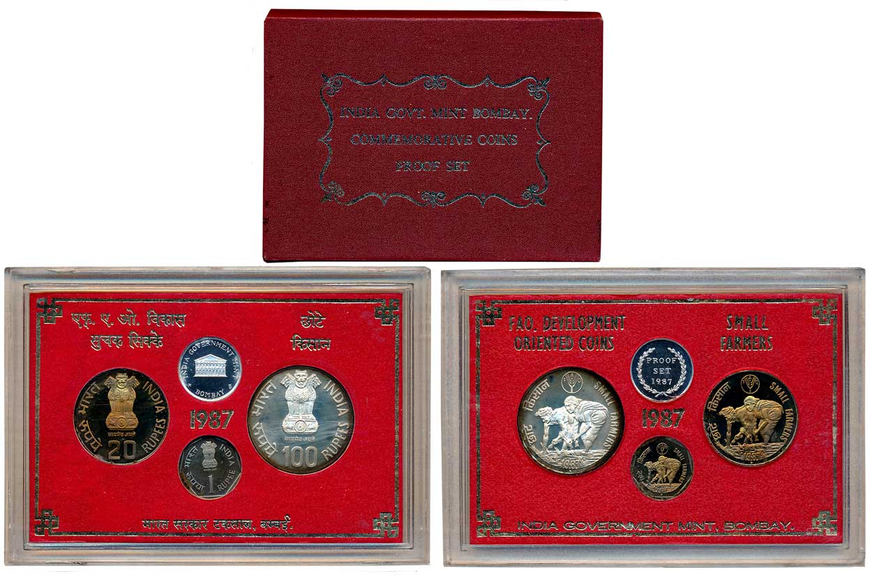 1987, Proof Set of 3, Rupees 100, 20 & 1, with Mint emblem, “Small Farmers”, Bombay Mint (