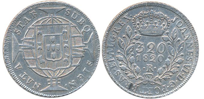 Brazil, John VI, Silver 320 Réis, 8.95g, 1820, Obv: Value & Date, Rev: Arms on globe withi