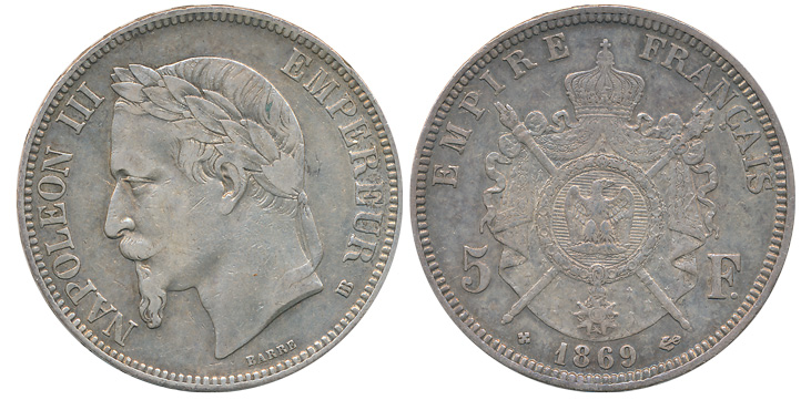 France, Napoleon III, Silver 5 Francs, 24.84g, 1869, Strasbourg Mint, Obv: Laureate head o