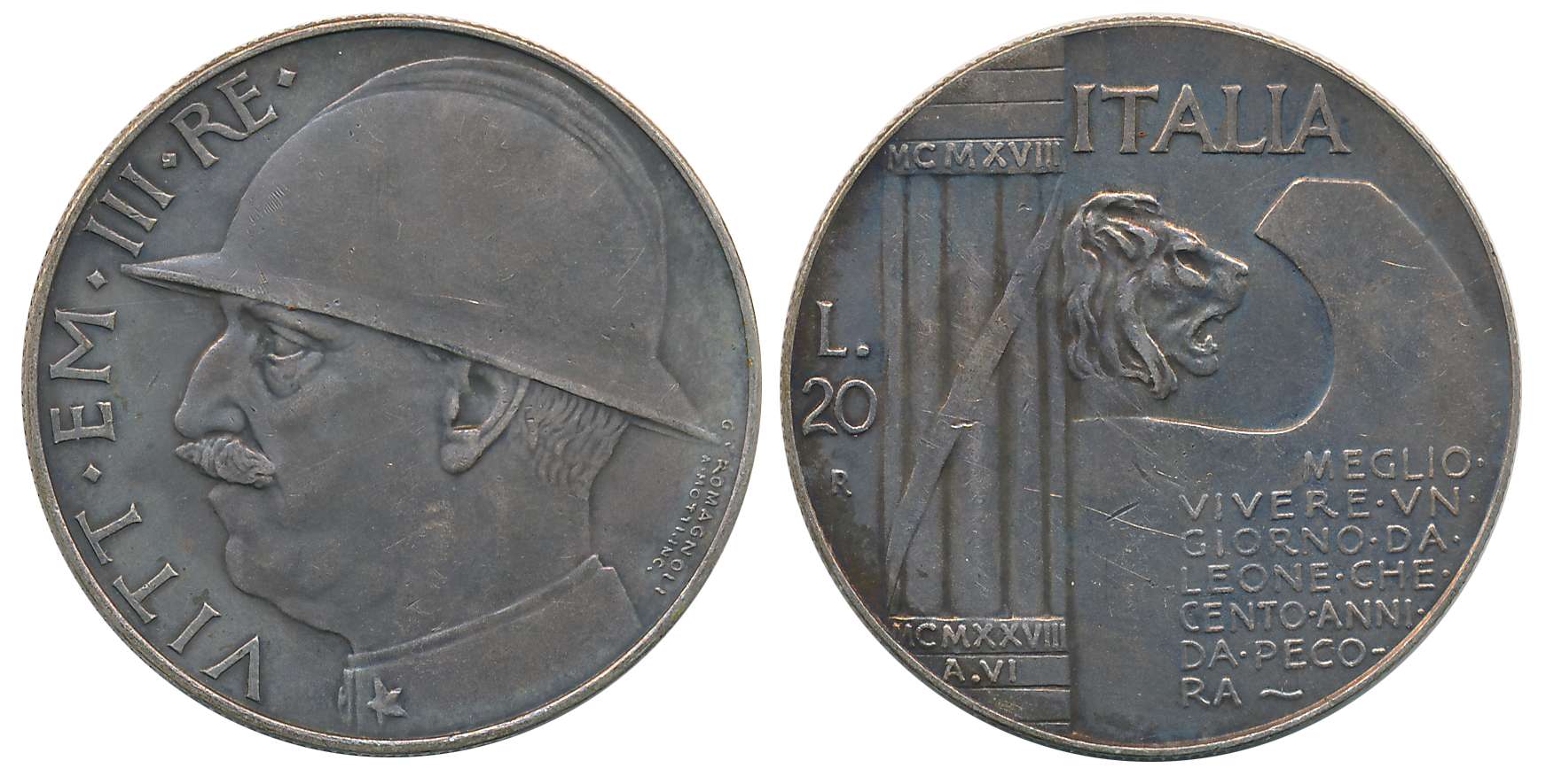 Italy, Vittorio Emanuele III, Silver 20 Lire, 19.68g, 1928, Obv: Head of King Vittorio Ema
