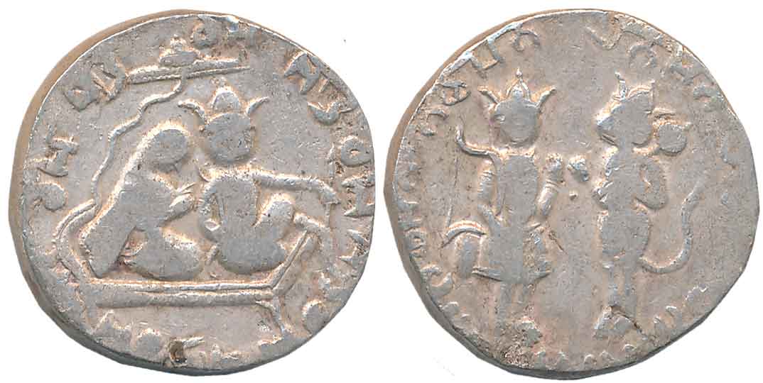Ram Tanka, Silver, 11.50g, Obv: Lord Rama and Sita seated on couch below Chatra, Rev: Lord