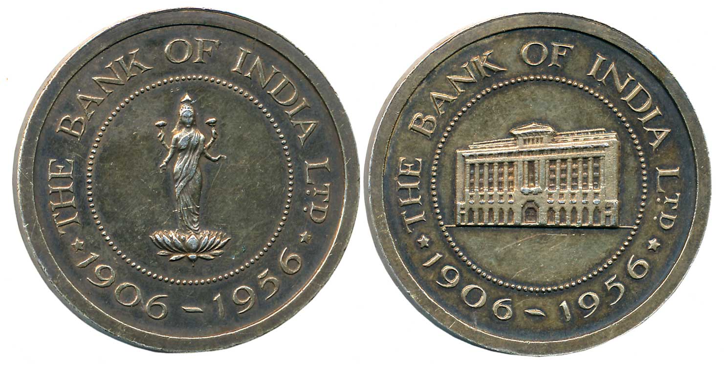 Bank of India, Silver- Gold Guilt, 26.30g, "Golden Jubilee years 1906-1956" Obv: Goddess L